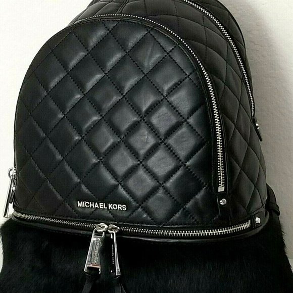 MICHAEL KORS RHEA ZIP MEDIUM BACKPACK BLACK QUILT LEATHER RABBIT FUR BAG NWT! - Picture 6 of 12